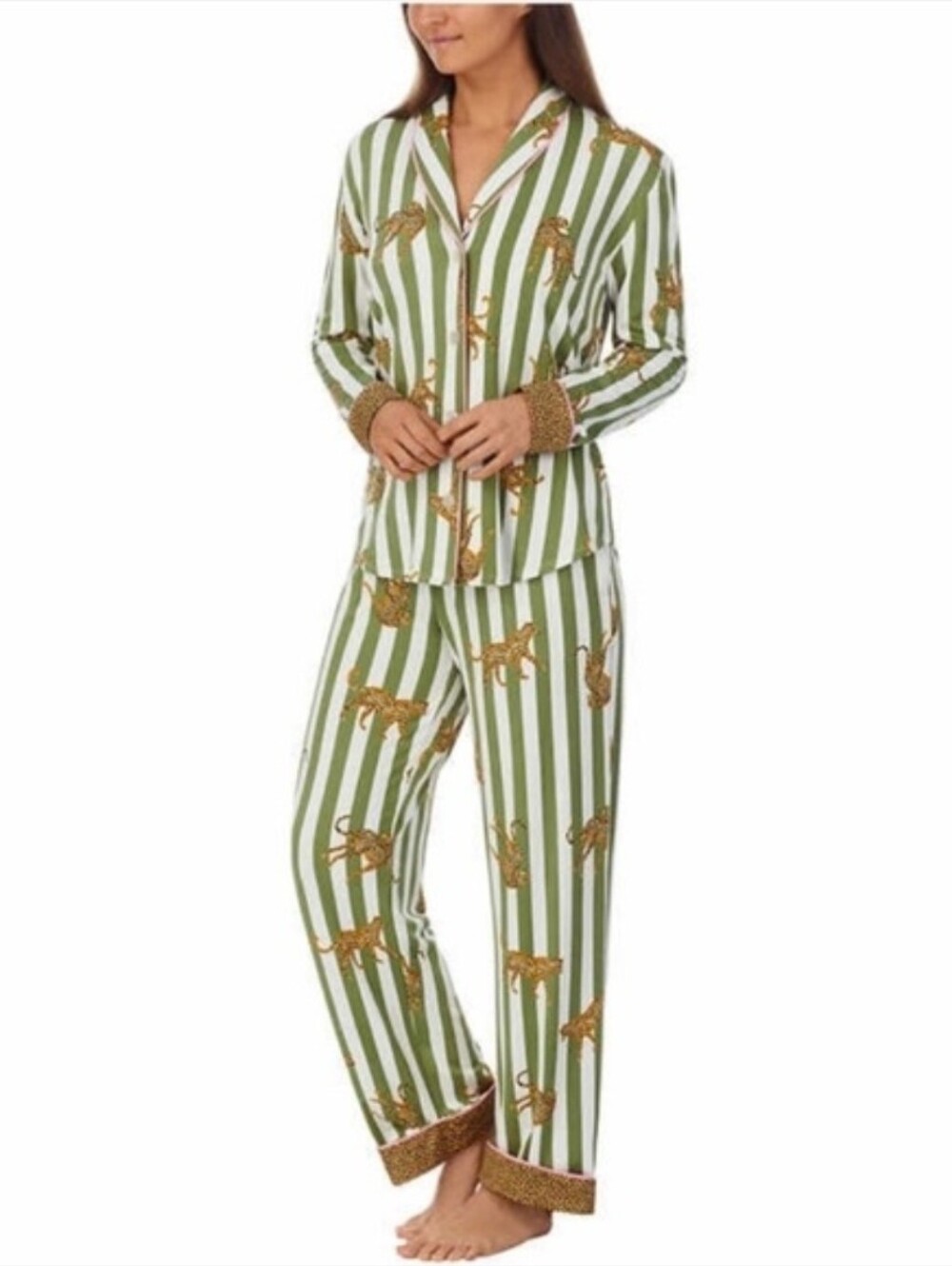 Room Service Leopard Stripe Pajama Set Green White Pink Trim Large - Picture 2 of 9